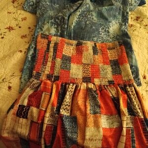 Colorful Patchwork Skirt and Blue Patterned Top